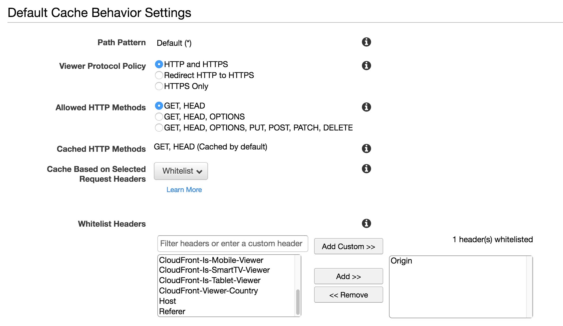 Default cache behavior settings